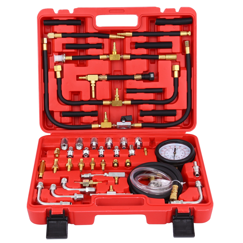 Master Fuel Injection Pressure Tester Kit with Adapters, Fuel Pressure Gauge for Petrol Engine, Dual Scale for 0-140 PSI / 10 Bar