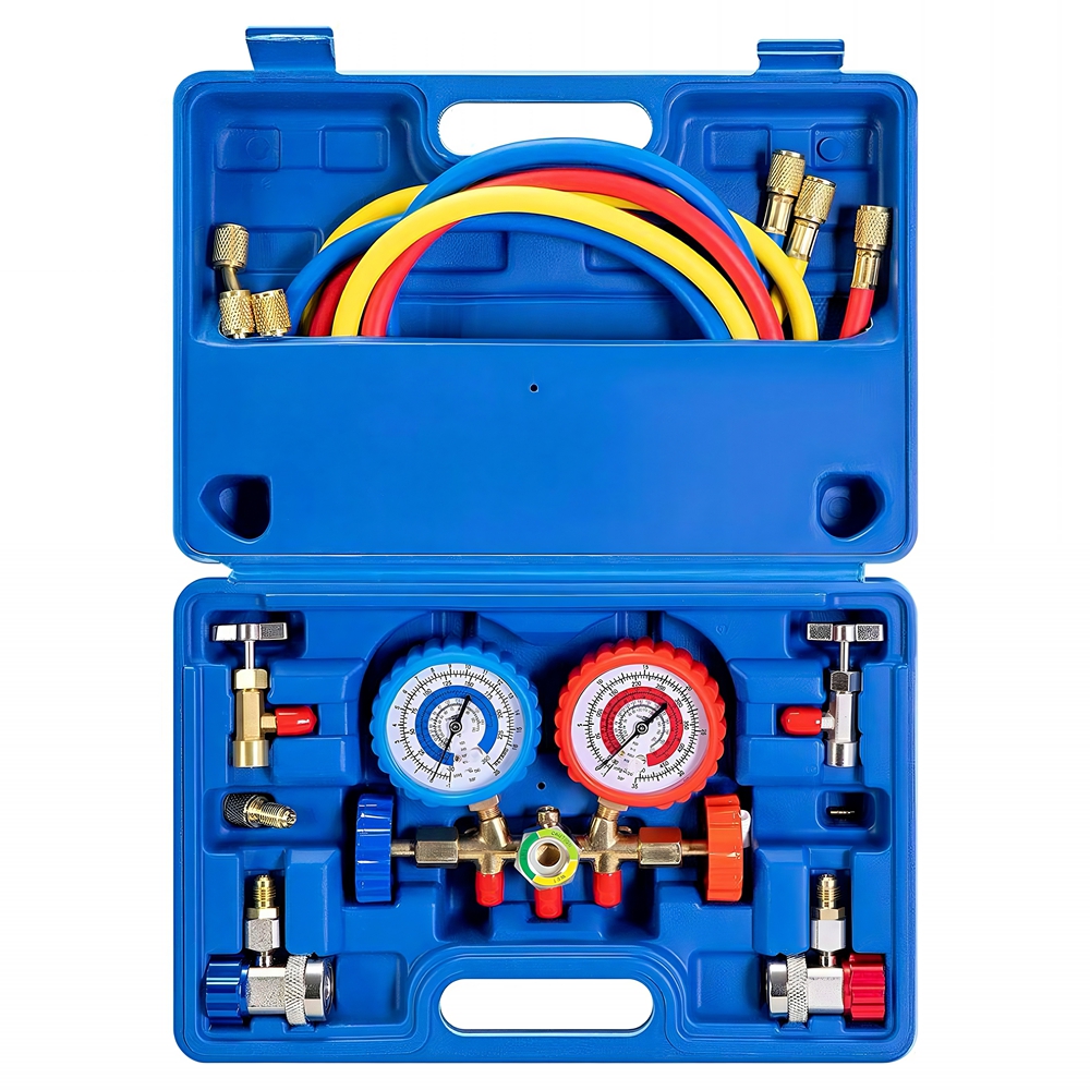 3 Way AC Manifold Diagnostic Gauge Refrigerant Charging Set for Air Conditioner HVAC R134a R404a Freon with 5FT Hose R134a Adjustable Quick Couplers Can Tap Acme Adapter