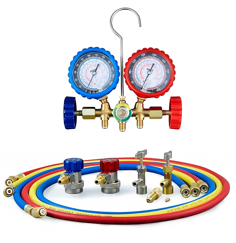 AC Gauge Set with Self Sealing & Puncturing R134A Can Tap, AC Gauges for R134a R12 R22 R502 Refrigerant, Car AC Gauge Set with 5FT Hoses