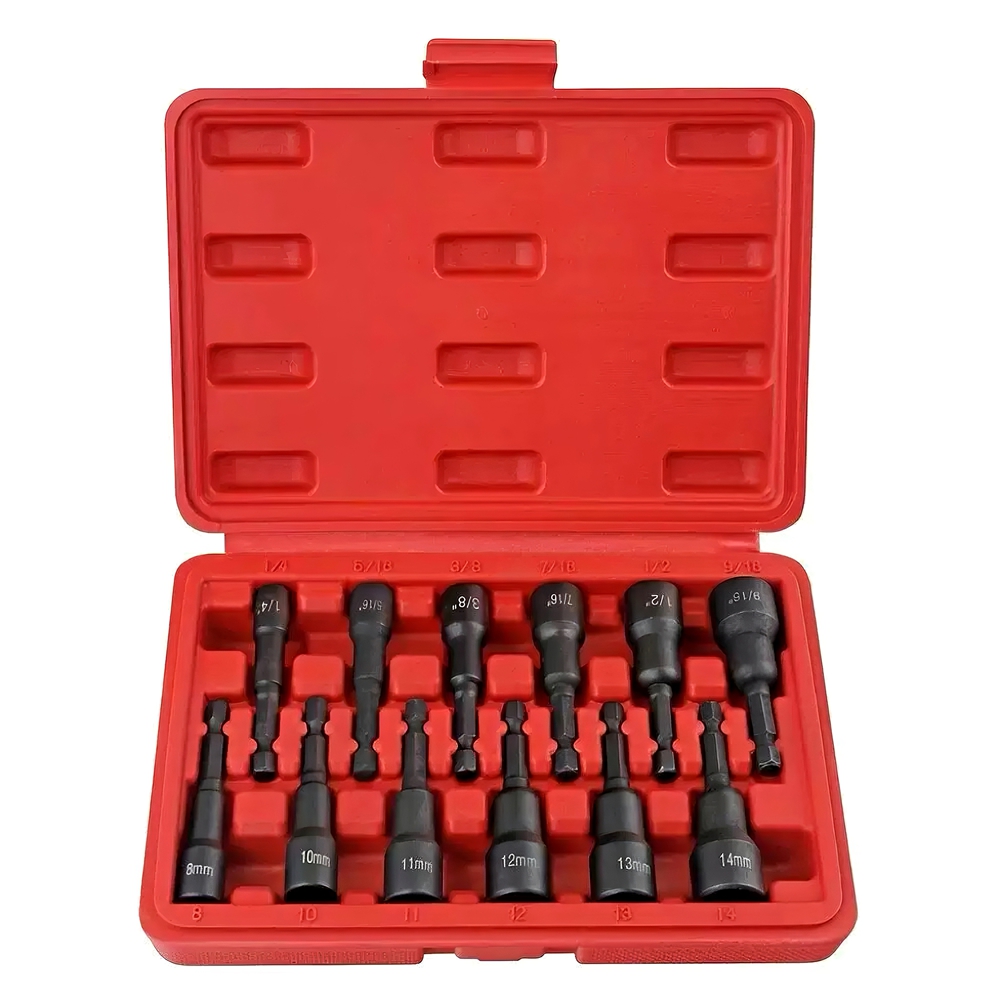 12-Pack Magnetic Nut Driver Set, Chrome-Vanadium Steel Impact Power Hex Nut Driver Drill Bit Master Kit, SAE & Metric Size, 1/4-Inch Quick-Change